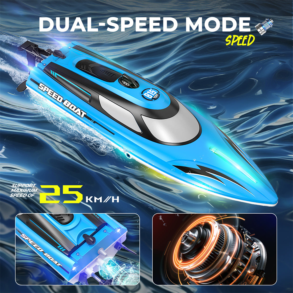 Bateau Télécommandé de 14 pouces avec LED pour Enfants et Adultes (25 KM/H)