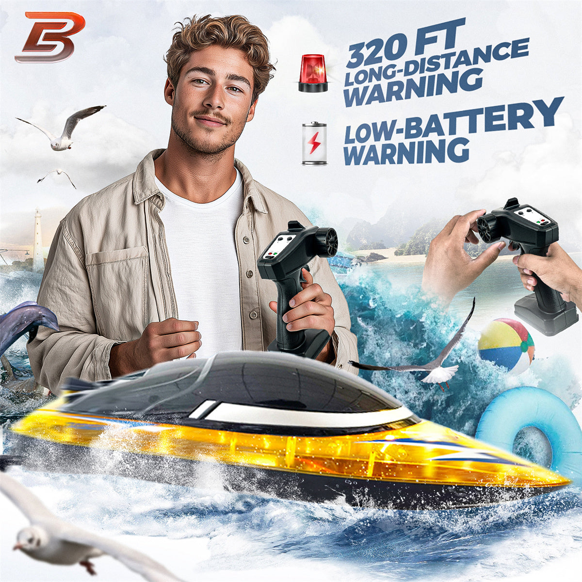 Bateau télécommandé large de 16 pouces avec une portée de 320 pieds (30 km/h)