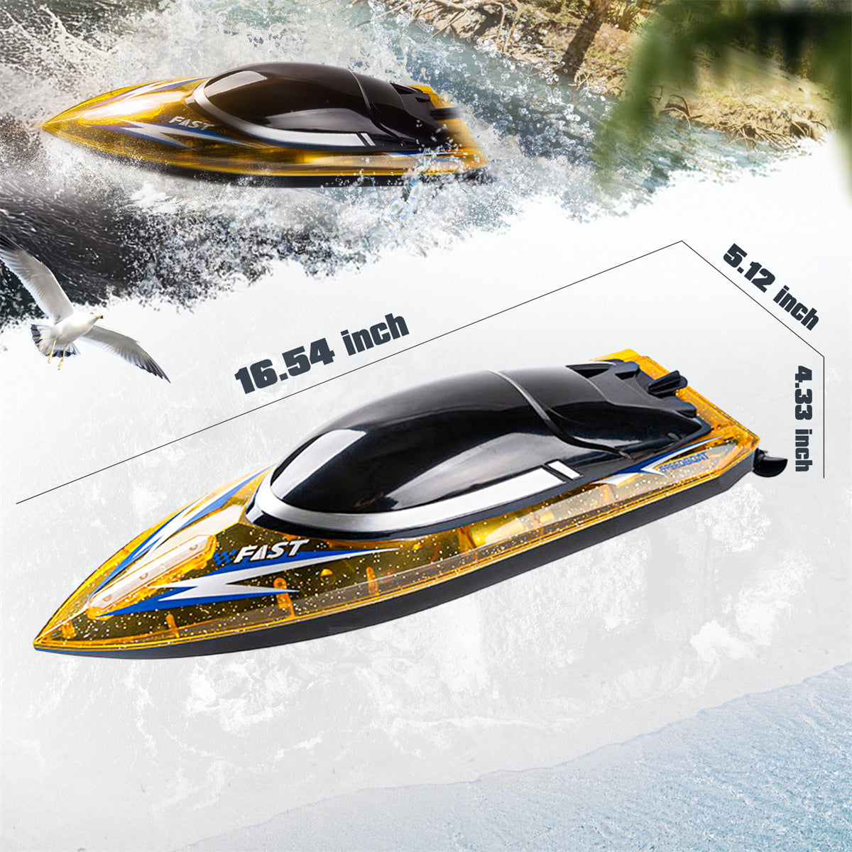 Bateau télécommandé large de 16 pouces avec une portée de 320 pieds (30 km/h)